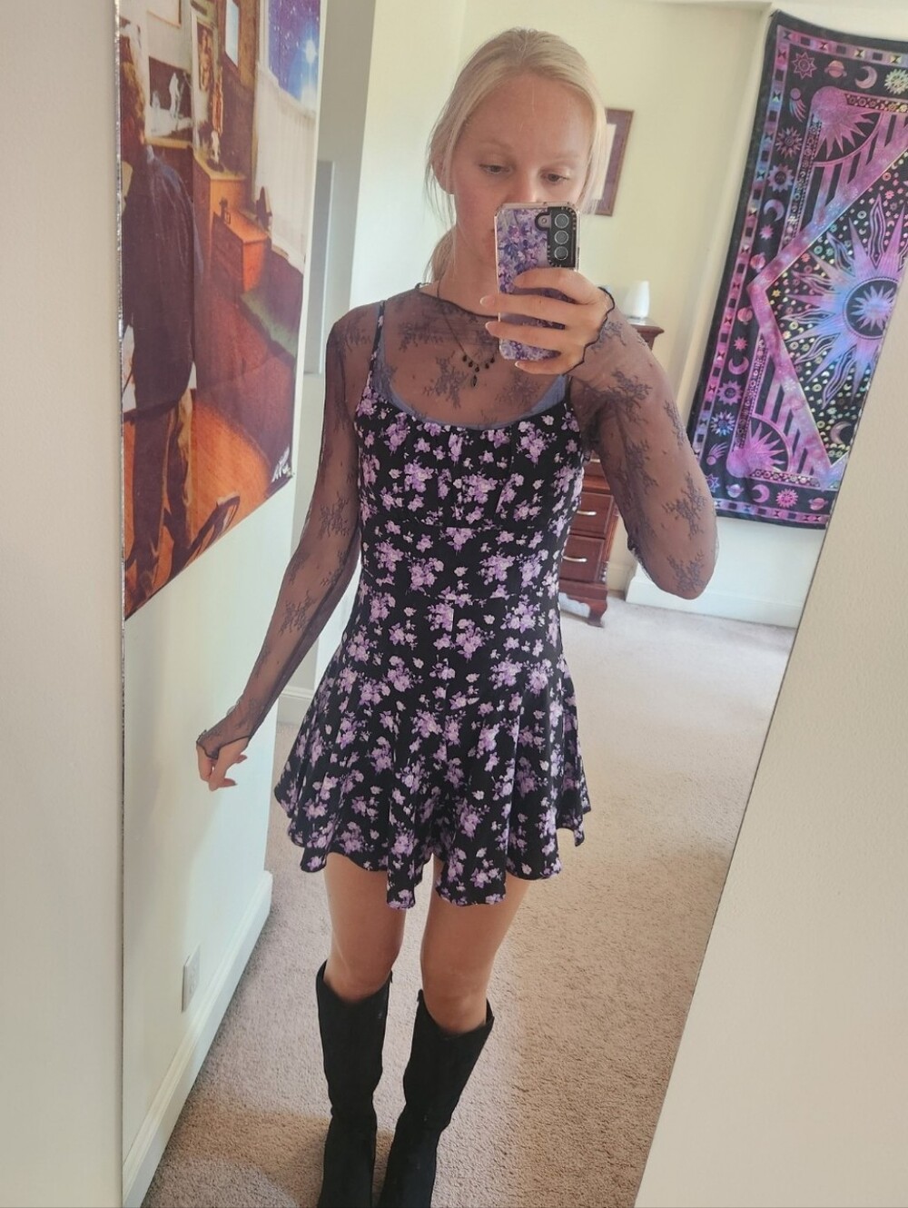 Floral Fit-and-Flare Mini Dress in Black and Lavender